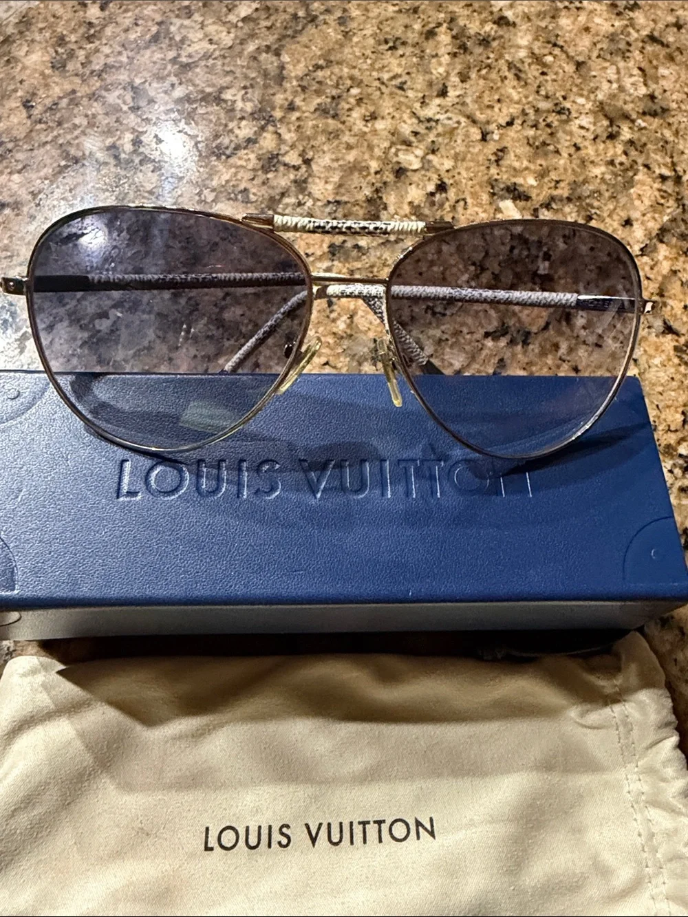 Louis Vuitton Silver Aviator Sunglasses with Dark Blue Lenses - Picture 1 of 7
